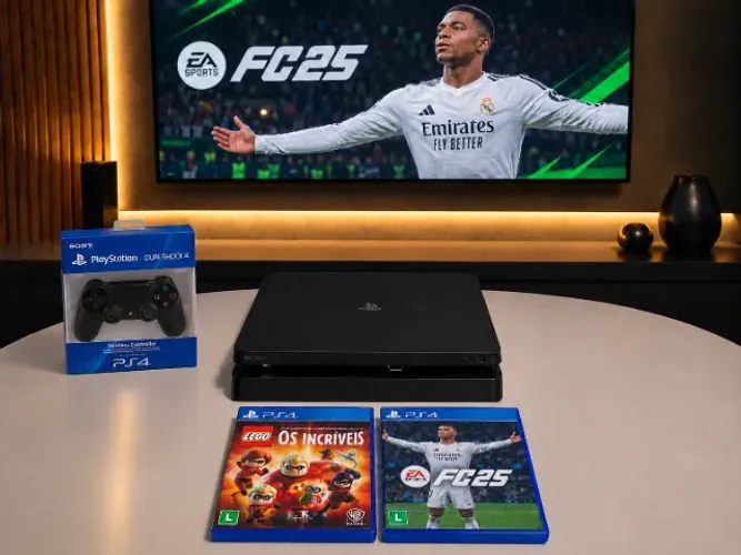 PS4 Slim 1 Tera com controle na caixa e 2 jogos