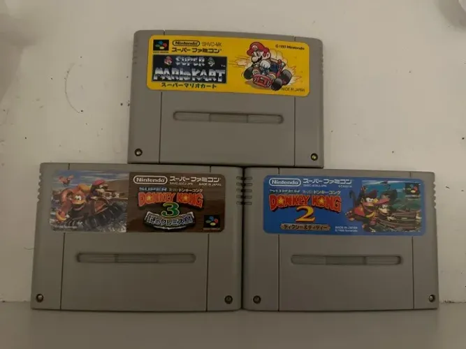 Lote 3 Jogos Super Famicom Originais Mario Kart Donkey Kong 2 e 3 snes super nitendo
