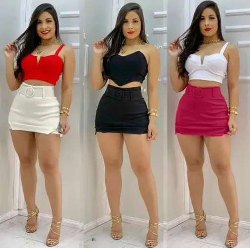 Short saia curto bengaline com cinto e fendas feminino