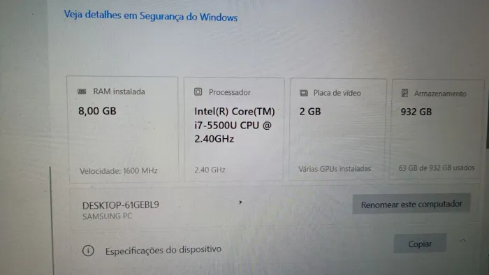notebook samsung x50 i7 1tb 8gb de ram placa de video 940m 2gb