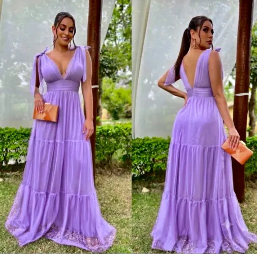 VESTIDO LONGO DE FESTA-NOVINHO-COR LILÁS LAVANDA