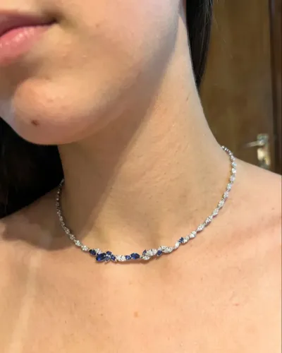 ? OPORTUNIDADE ÚNICA: Colar Riviera Luxo Ródio Branco com Zircônias Cristais e Azul Safira
