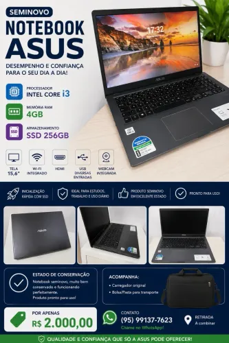 Notebook ASUS Intel Core i3 | 4GB RAM | SSD 256GB | Seminovo