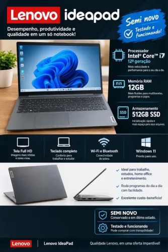 Notebook Lenovo IdeaPad | Intel i7 12ª Ger. | 12GB RAM | SSD 512GB - Semi Novo e Testado!