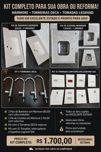 Kit Completo Para Reforma ou Construção | Pias de Mármore, Torneiras DECA, Tomadas Legrand