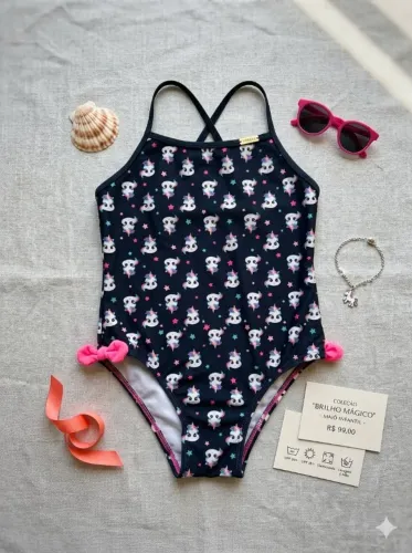 Maiô Infantil Puket Azul Marinho Estampa Unicórnio