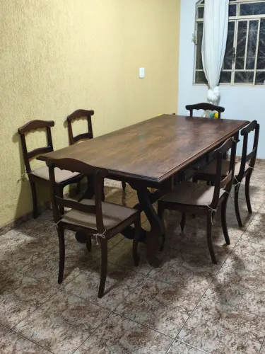 Mesa de Jantar Rústica Colonial em Madeira Maciça + 6 Cadeiras (Com 2 Gaveta)