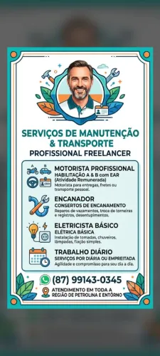 Freelancer pequenos concertos encanamento e elétrica,ou motorista e motoboy .