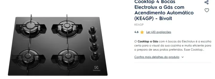 Vendo Cooktop 4 Bocas Electrolux a Gás com Acendimento Automático na Caixa, nunca aberto.