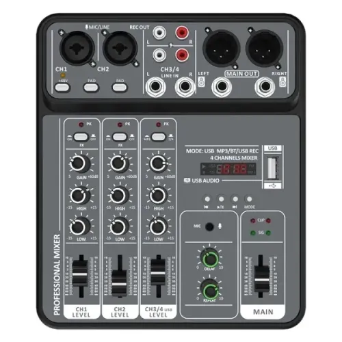 Mesa de Som 4 Canais USB MP3/BT