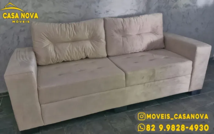 Sofá 4 lugares em suede bege 200cm - Novo!