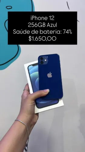 iPhone 12 / 256GB / Azul / Saúde de bateria 74% / R$ 1.650,00