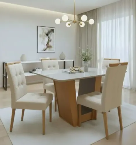 Mesa Apogeu (Tampo Maxi) 120 Amêndoa Clean/Off White com 4 Cadeiras Sophia Linho Bege 200 