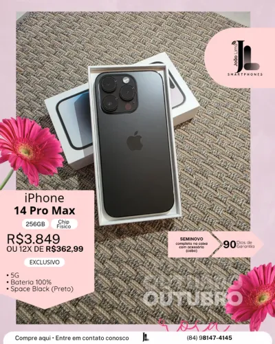 IPHONE 14 PRO MAX, 5G, CHIP FÍSICO, 256GB, SPACE BLACK, SEMINOVO, EXCLUSIVO!