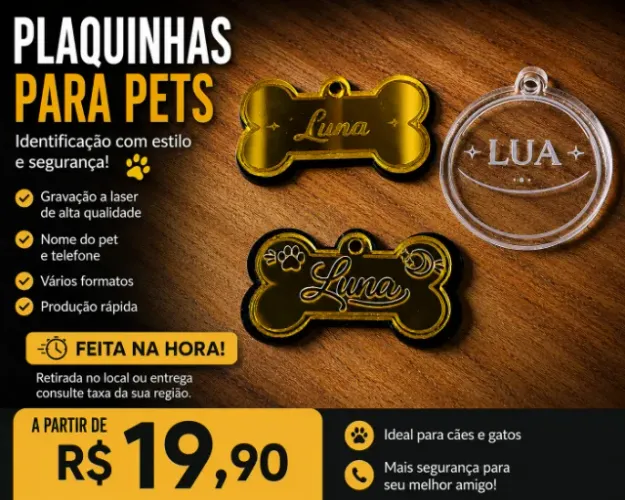 Plaquinha de Identificação para Pets Personalizada | Gravação a Laser