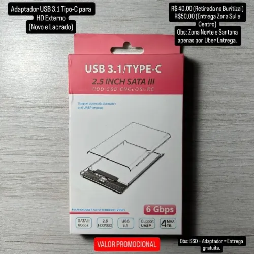 Case USB 3.1 Tipo-C para HD Externo (Novo e Lacrado) PROMOÇÃO