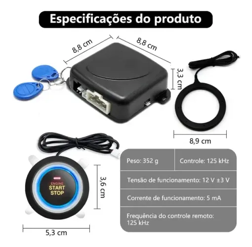 Kit Ignição Motor Botão Start Stop + Chaveiro Rfid Universal