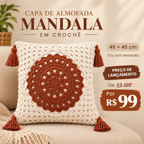 Capa de almofada Mandala em Crochê, 45x45cm, crochê para casa, decoração