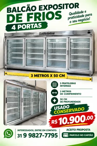 ? BALCÃO EXPOSITOR DE FRIOS - 4 PORTAS 3 Mts x 50Cm