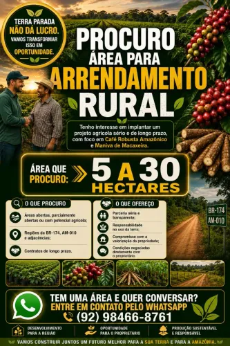 Estou em busca de áreas rurais para arrendamento 