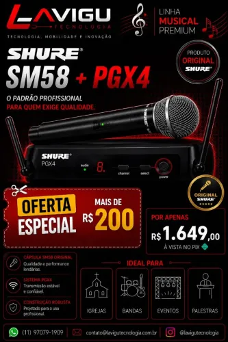 Microfone Sem Fio Shure SM58 + Recepcionista PGX4 Original - Estado de Novo