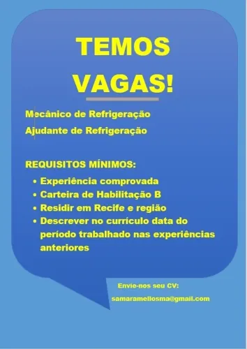 MECÂNICO DE REFRIGERAÇÃO, AJUDANTE DE REFRIGERAÇÃO