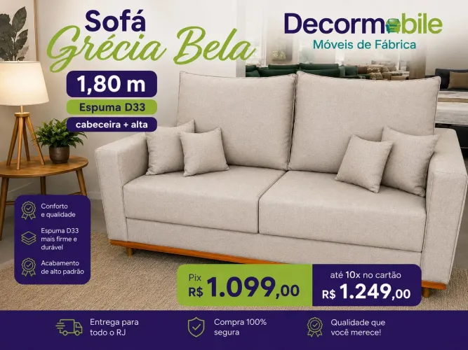 sofá Living 1,80 em D33 encosto alto linho e madeira top