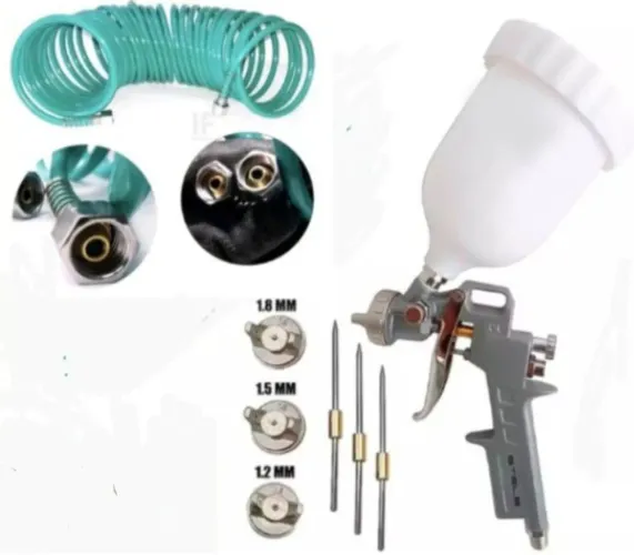 KIT PINTURA PISTOLA DE PINTURA GRAVIDADE CANECA PLÁSTICA E MANGUEIRA 10M ASPIRAL 