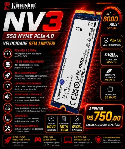 SSD Kingston NV3 1TB NVMe PCIe 4.0 - Novo Lacrado