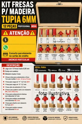 Kit fresas p/ madeira tupia 6mm 12pçs nova