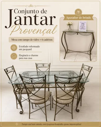 Mesa de jantar estilo provençal com 6 cadeiras + 1 aparador de brinde