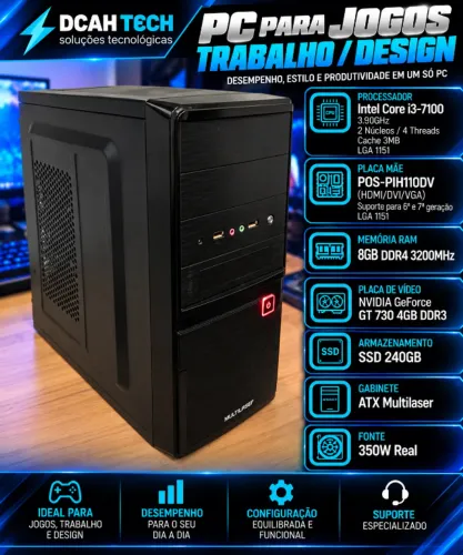 PC para Jogos e Trabalho i3-7100 + 8GB DDR4 + GT 730 4GB + SSD 240GB