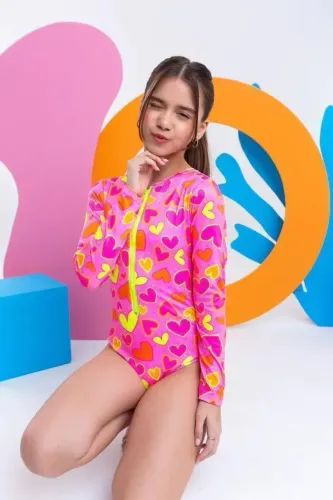 Maiô infantil com zíper coração muito neon