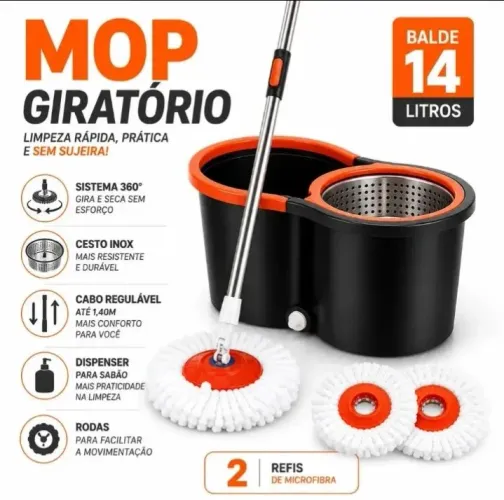 MOP Limpeza - Cabo 140cm - Cesto Inox - Balde 14L - 2 Refis