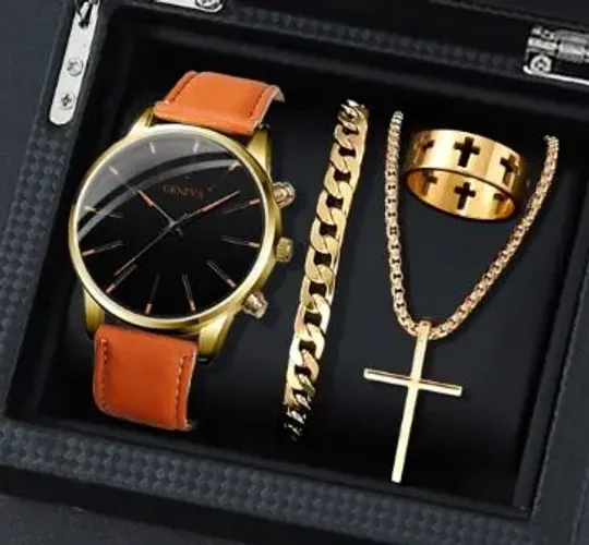 Kit Relogio Masculino Luxo + Pulseira + Corriente + Anel (Novo)