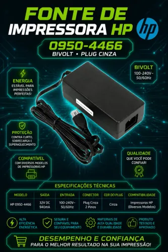 Fonte De Impressora HP 0950-4466 Bivolt Plug Cinza
