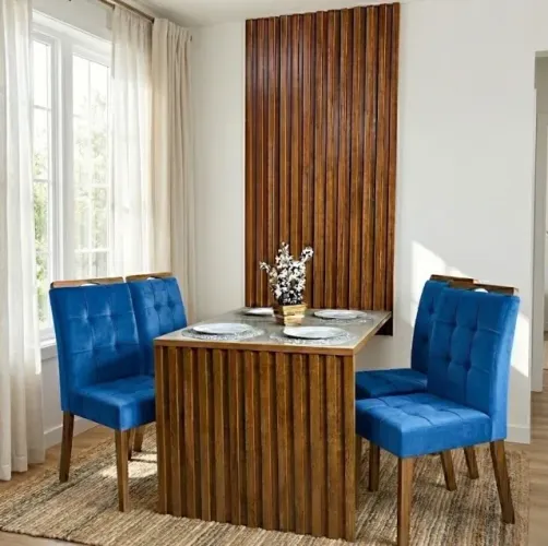 Conjunto de Jantar com Painel Ripado 4 Lugares Cinamomo com Veludo Azul