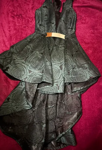 Vestido de Festa Mullet Verde Escuro Jacquard Rosas - Tamanho M