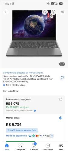 Notebook ideapad slim 3 Ryzen 7 16gb ram (troco por ps5)