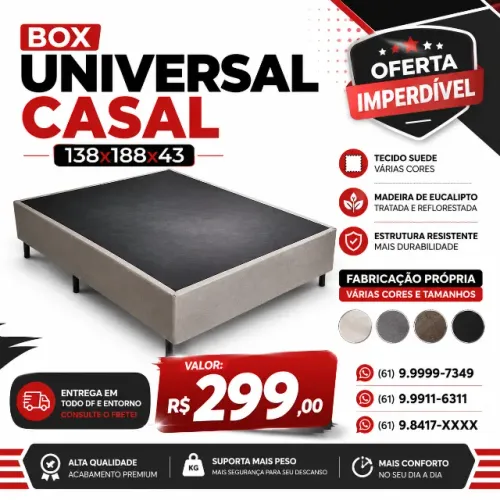 Box Universal Casal 138x188x43 em Suede | Base para Colchão Casal | Fabricação Própria