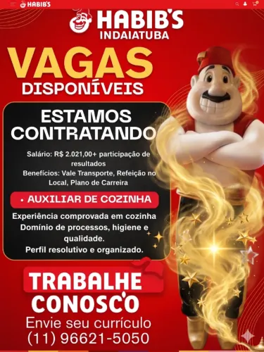 VAGAS AUXILIAR DE COZINHA HABIBS INDAIATUBA | INÍCIO IMEDIATO