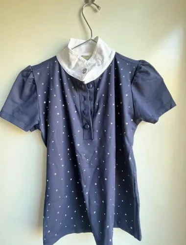 Camisa de Hipismo Lucky_U Azul com Strass e Gola Branca