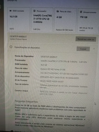 PC Gamer / Desktop i7 + 16GB RAM + RX 560 4GB + SSD 512GB