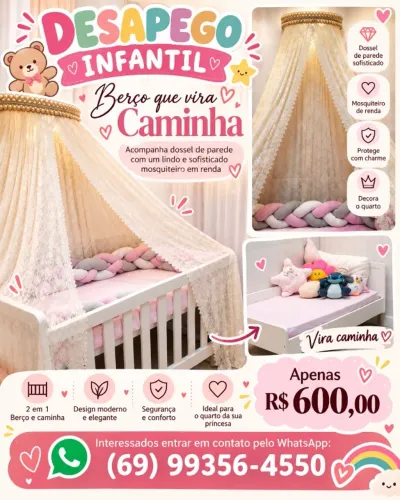 Berço que vira caminha + dossel com mosquiteiro de renda