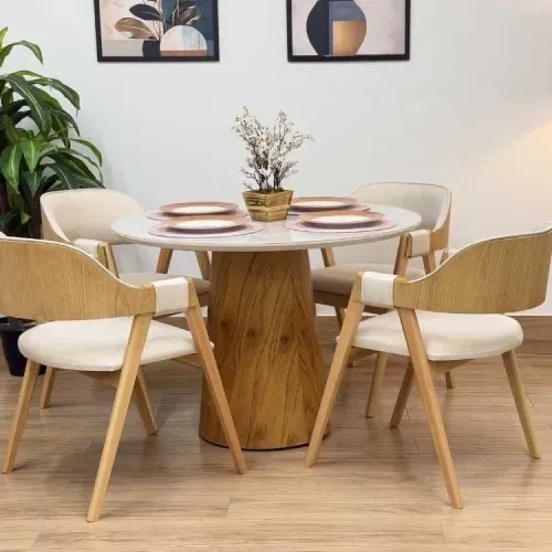 Mesa de Jantar Sally Circular 1.10x1.10 C/4 Cadeiras em Linho l8 S