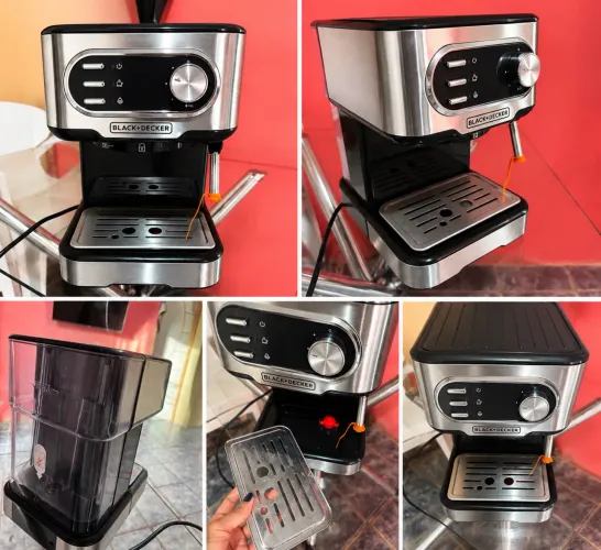 máquina de café espresso da Black+Decker, com bico vaporizador para leite e porta-filtro.