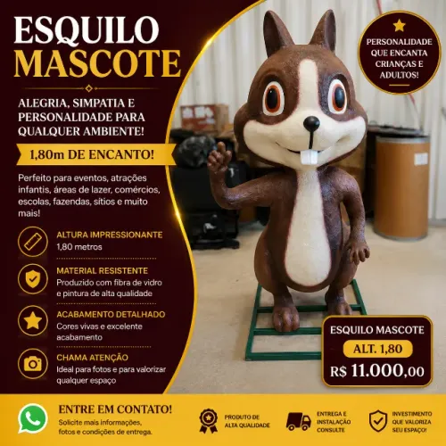 ESQUILO MASCOTE DECORATIVO 1,80m - ALEGRIA E ENCANTO PARA SEU ESPAÇO!