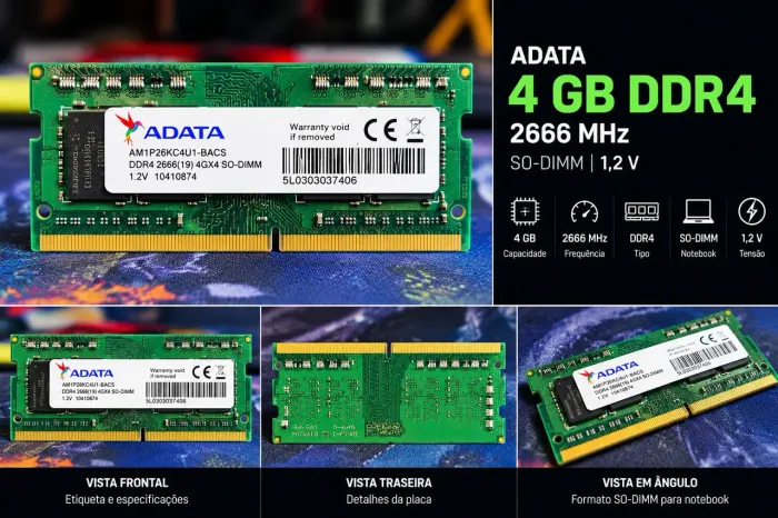 R$ 120 Memória RAM Notebook ADATA 4GB DDR4 2666MHz SO-DIMM