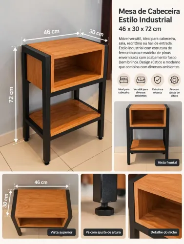 Mesa de Cabeceira Industrial com Nicho e Prateleira - 72 cm