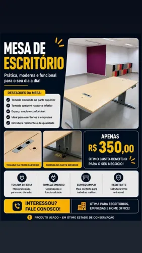 Mesa de Escritório Grande com Tomada Superior e Inferior